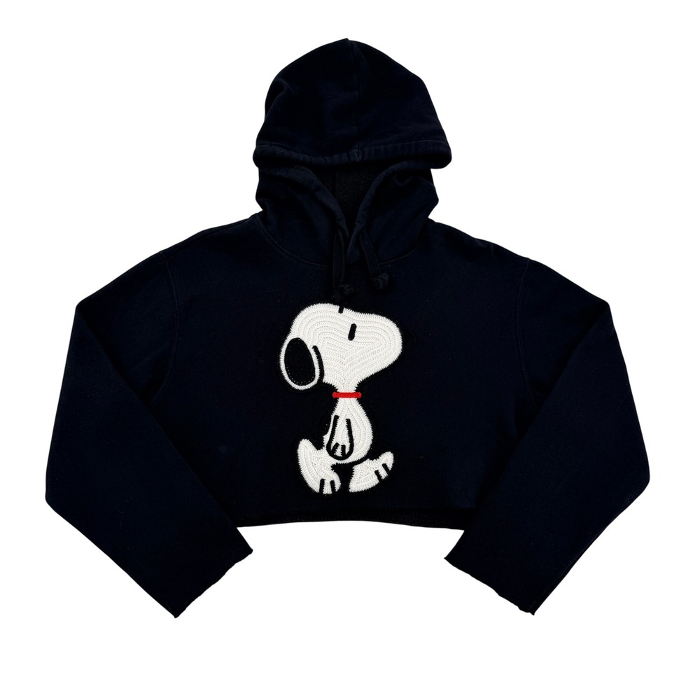 Peanuts Snoopy Cropped Hoodie Black Embroidered Graphic Sweatshirt Large Soft